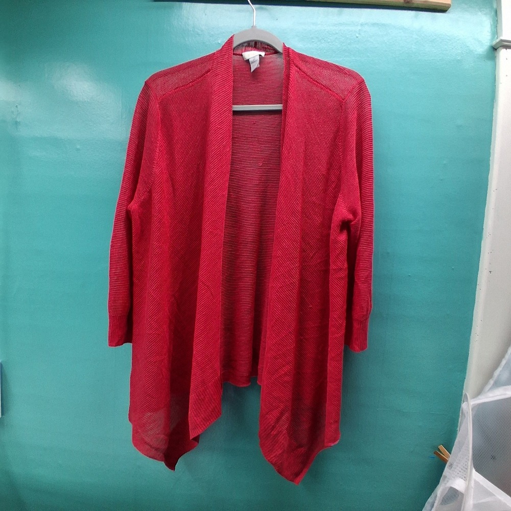 Chico's Open Front Cardigan 2 Red Lightweight Draped Knit Sweater Casual Chic